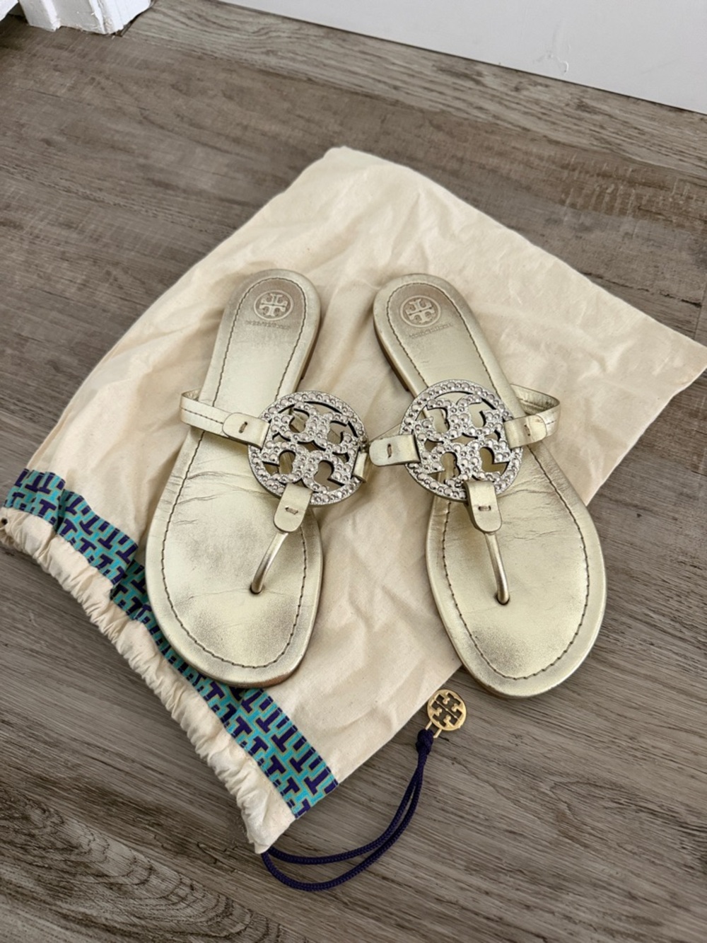 Tory Burch Metallic Gold Logo Thong Sandals/ size 10
